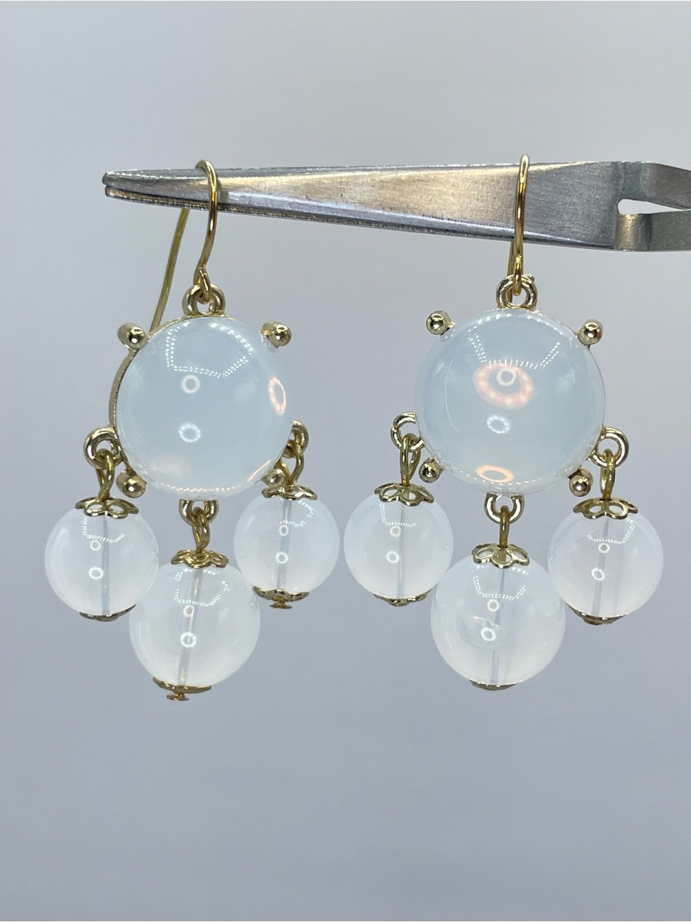 Gold Tone White Acrylic Beaded Chandelier Dangle Drop Earrings